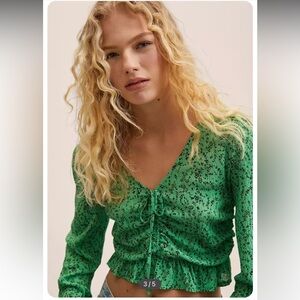 Mango Green Floral Patterned V-Neck Blouse